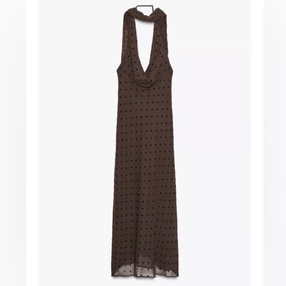 Zara Brown Polka Dot Scarf-Neck Maxi Dress